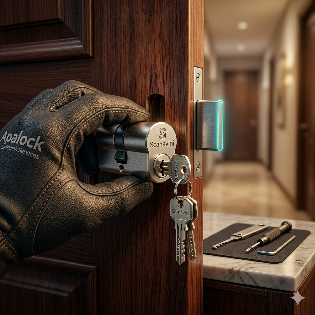 Cilindro de alta seguridad Scanavini con llaves nuevas instalado a domicilio por técnicos de Apalock en Santiago